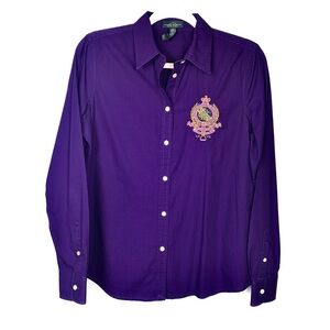 Lauren Jeans Co. 100% Cotton Purple Button Down Equestrian Crest Shirt Size M
